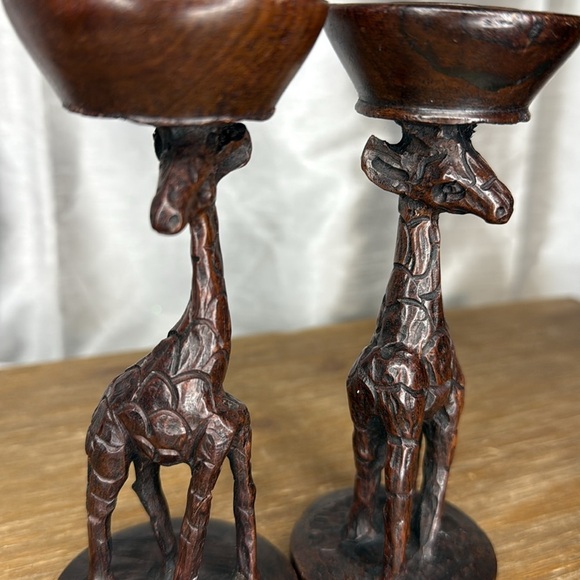 Vintage Art Deco Wooden Giraffe 6” Candle Holder Hand Carved Dark Wood Set of 2 - Picture 8 of 10